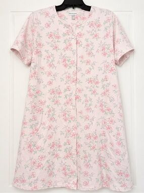 Miss Elaine Floral Snap Front House Dress Large Pink Cottagecore Pockets